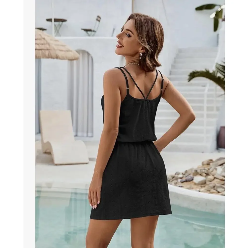 Beta Brand Hollow Out Swimsuit Coverup NEW Size Large Black Snap Drawstring